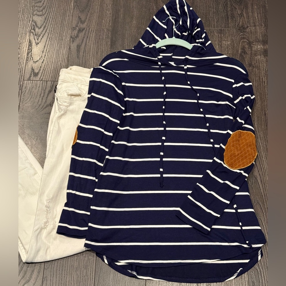 NEW 🆕 Navy Striped Hoodie with Elbow Patches